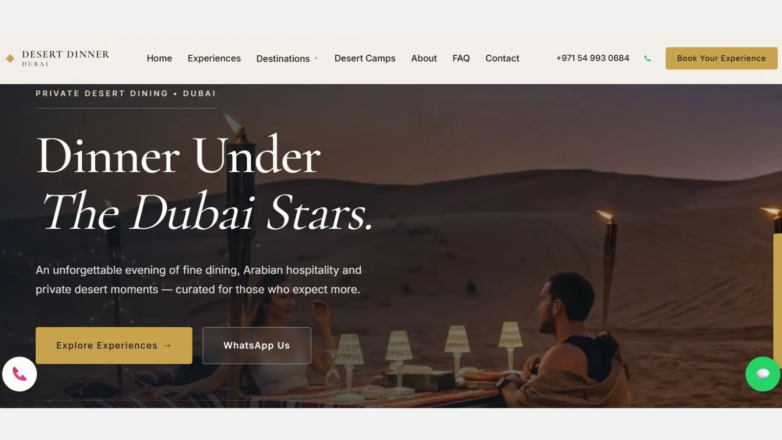Desert Dinner Dubai website - luxury desert dining experience